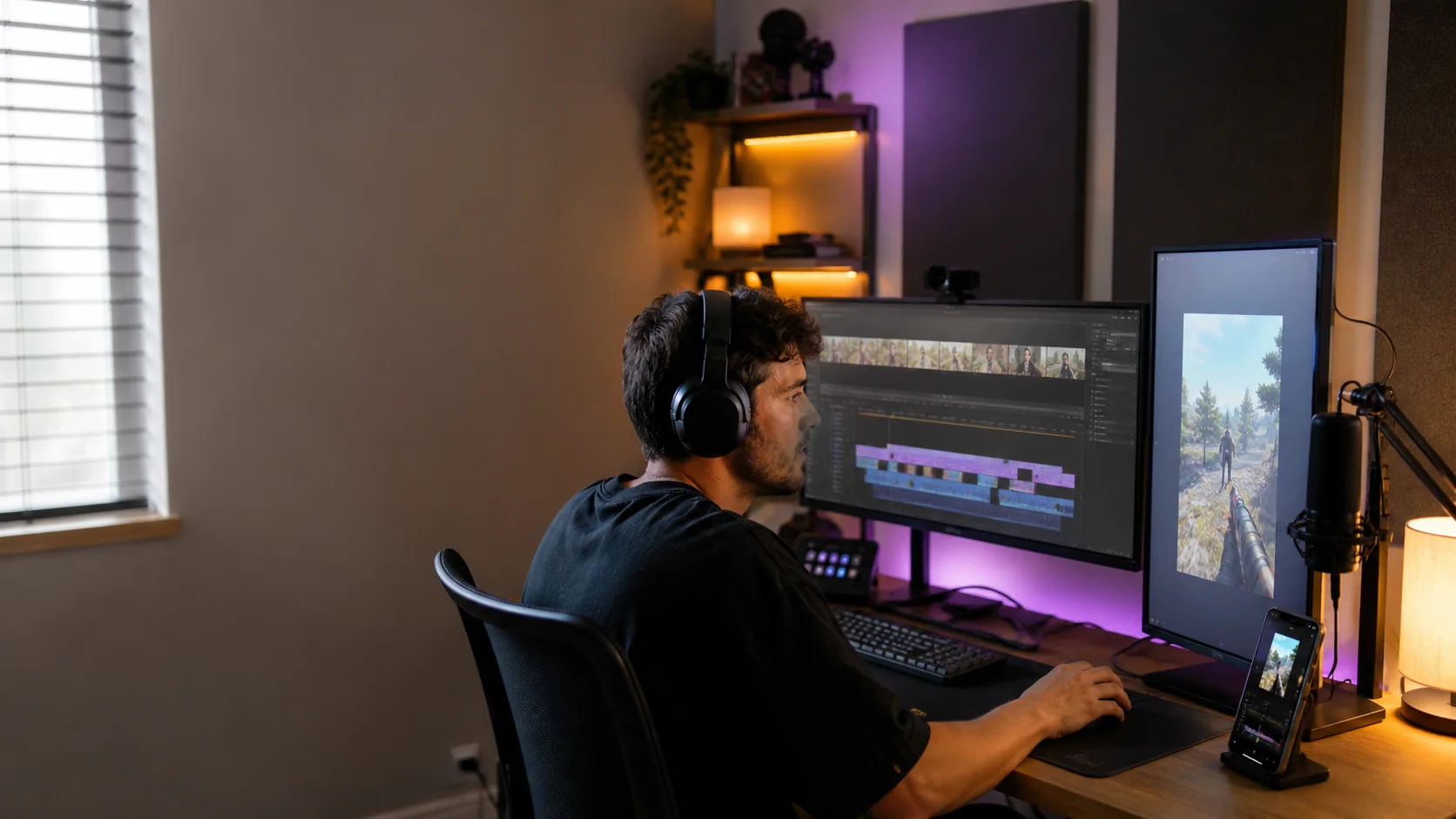 A gaming creator reviewing a video timeline and vertical clips