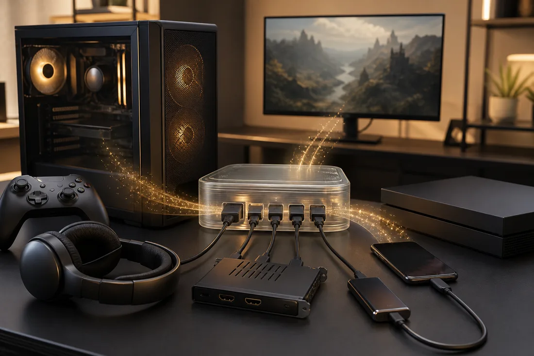 Gaming capture gear feeding source footage into one organized workflow