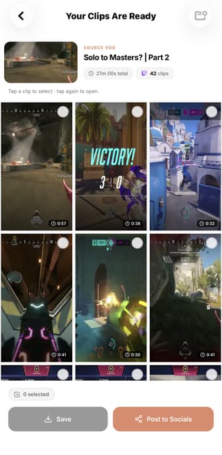 VaultIQGG showing clips found in a source VOD, ready to save or post to socials