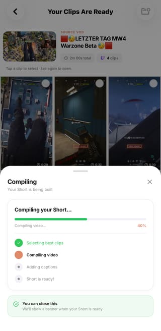 VaultIQGG compiling selected clips from a source VOD into a captioned Short