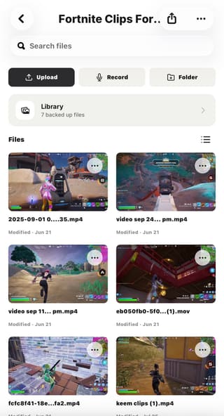 A VaultIQGG vault folder of Fortnite clips with upload, record, and folder actions