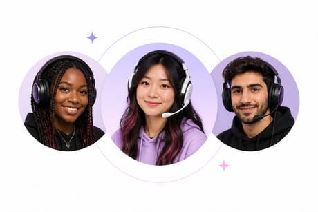 Three gaming creators wearing headsets in overlapping portrait circles